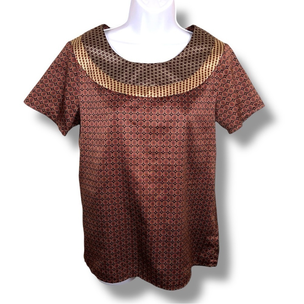 Small The Limited Satin Short Sleeve Blouse Geometric Print Burgundy Red Maroon